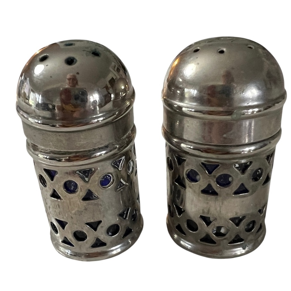 Vintage Salt & Pepper Shakers APEX EPNS Cobalt Blue Glass Insert 2" Tall Set